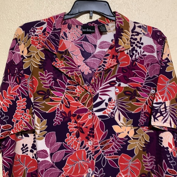 Erika Top Blouse 3X Red Purple Floral Short Sleeve Front Buttons Cotton Rayon - Picture 3 of 13